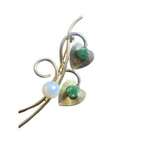 Bojar Gold 12k Filled Brooch Faux Pearl Jade Flower Art Nouveau Brooch